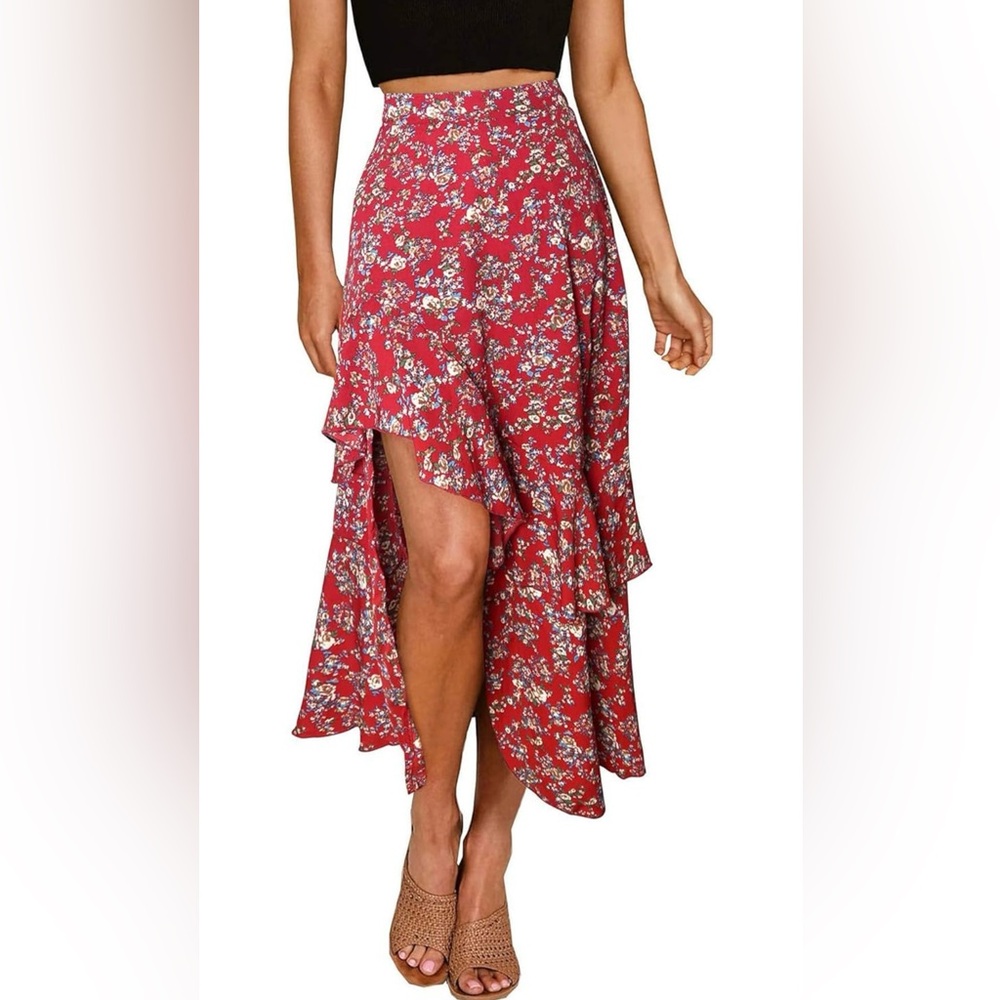 Chic Red Floral Midi Skirt